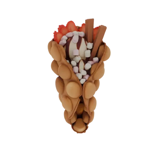 3D model of a bubble waffle filled with vanilla ice cream, sliced strawberries, mini marshmallows, and chocolate sticks.