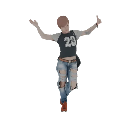 3D model of a male dancer in ripped jeans and a '23' t-shirt, striking a dynamic pose with arms outstretched and a thumbs-up.