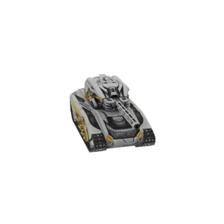 Modelo 3D de um tanque blindado futurista com esquema de cores cinza e dourado, apresentando um canhão proeminente e esteiras