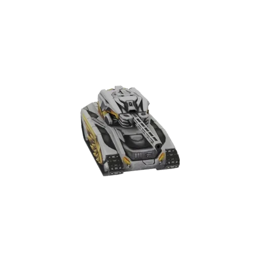 Modelo 3D de un tanque blindado futurista con esquema de color gris y dorado, con un cañón prominente y orugas detalladas.