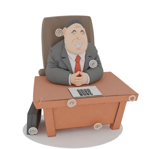 Modèle 3D d'un boss cartoon avec un grand sourire, portant un costume et assis à un bureau avec 'BOSS' écrit sur un papier.