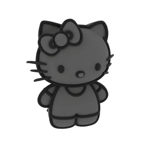 A 3D render of a monochromatic Hello Kitty figure with a dark, sleek finish, standing upright with her signature bow.