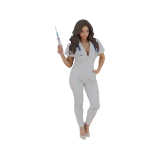 3D model of a female nurse in a white uniform holding a medical syringe, with a stethoscope around her neck.