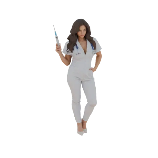 Modèle 3D d'une infirmière en uniforme blanc tenant une seringue médicale, avec un stéthoscope autour du cou.