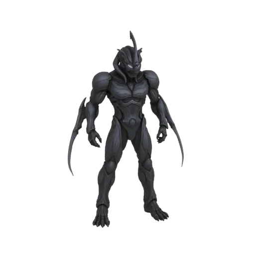 A dark, armored alien warrior with purple eyes stands in a neutral pose against a black background, showcasing its detailed 3D model.