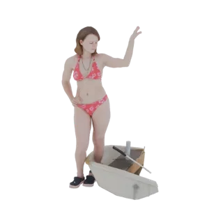 3D model of a woman in a red floral bikini standing in a white bathtub, holding an oar.