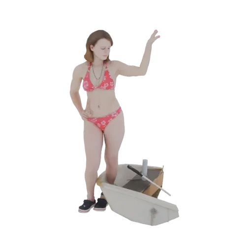 Modelo 3D de una mujer en bikini rojo floral de pie en una tina blanca, sosteniendo un remo.