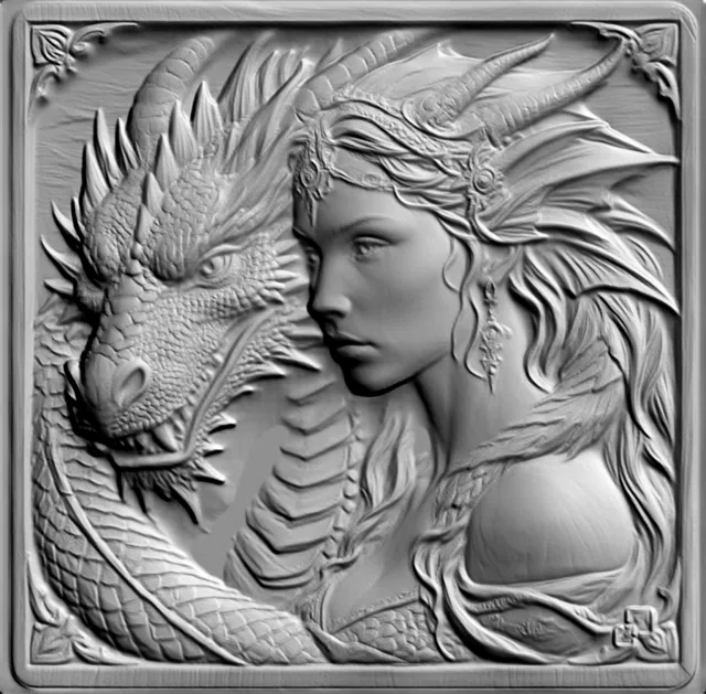 3D model of a girl and dragon bas-relief in ancient style, detailed sculpture for printing