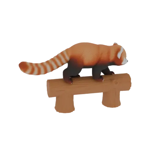 Modelo 3D de un panda rojo con cola anillada de pie sobre un tronco de madera, visto de lado.