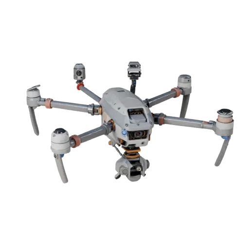 Service Lab Drone 3D model, three-quarter front view, Unity viewport, showing metal frames, robot form.