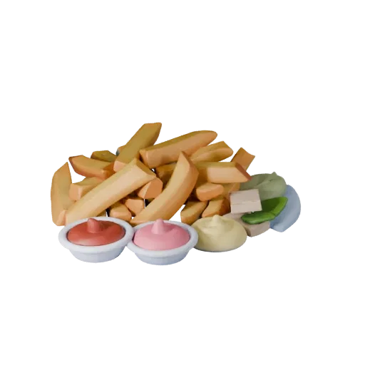 French Fries 3D model, three-quarter front view, AR viewer studio render, showing sauces, plated composition.