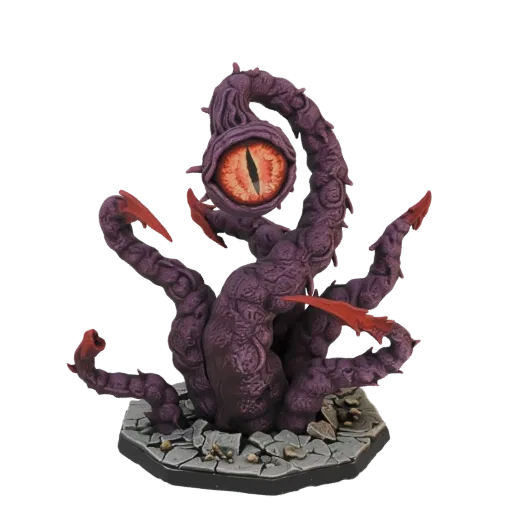 3D model of a gargantuan eldritch eye monster with purple tentacles and a large orange eye, standing on a stone base.