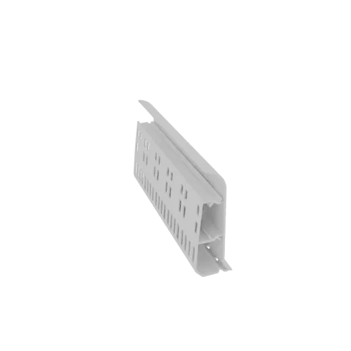 3D model of a section of white cable management trunking with visible slots for wires.