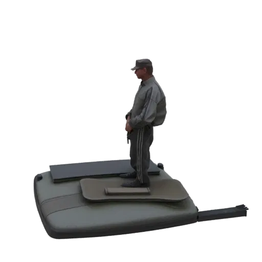 3D model of a soldier in a grey uniform standing on a multi-level platform, viewed from the side.