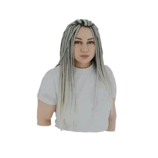3D model render of a woman with long, silver braided hair wearing a white t-shirt, looking towards the viewer.