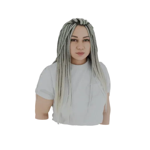 3D model render of a woman with long, silver braided hair wearing a white t-shirt, looking towards the viewer.