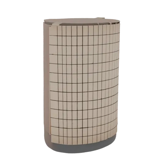 3D model of a curved building facade with a dark grid pattern against a light-colored surface, presented on a black backgroun