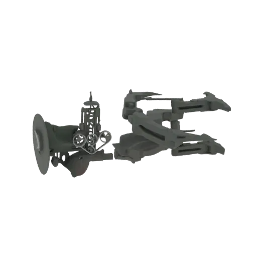 3D model of a complex steampunk mechanical assembly with gears, pipes, and intricate metal components, rendered in gray.