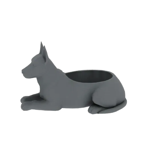 Modelo 3D de un perro gris tumbado con la espalda abierta, diseñado como maceta.