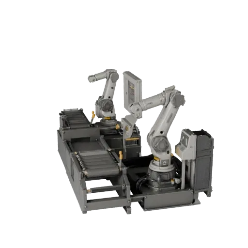 Assembly Robot Cell Realistic 3D model, three-quarter studio render, showing painted steel, machine stations.