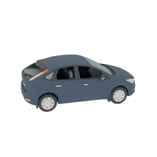 A 3D model of a dark blue hatchback car, viewed from a three-quarter side angle against a black background.