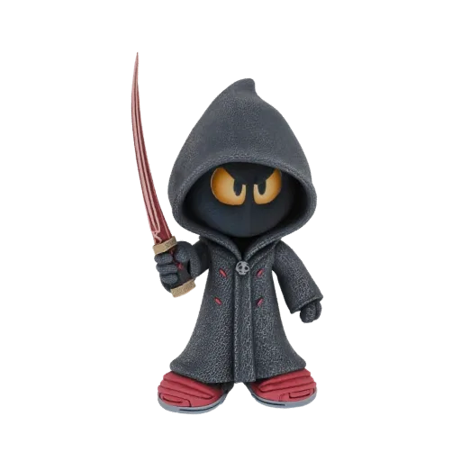 3D model of a chibi assassin figure wearing a dark hooded cloak and holding a red sword.