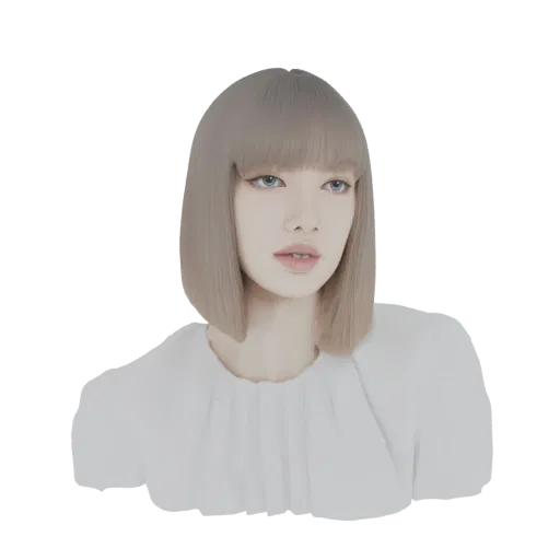 Busto modello 3D AI di Lisa con taglio a caschetto biondo, occhi azzurri e top bianco.