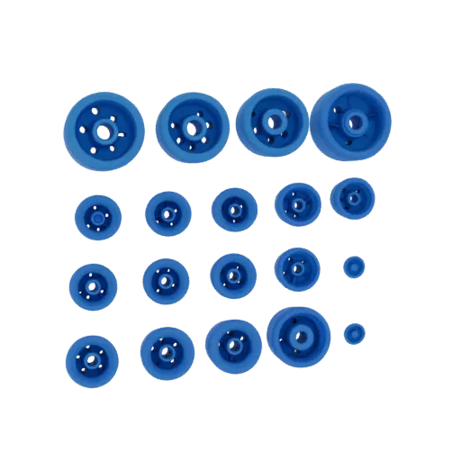 3D model of a blue wheels set in different sizes on a black background