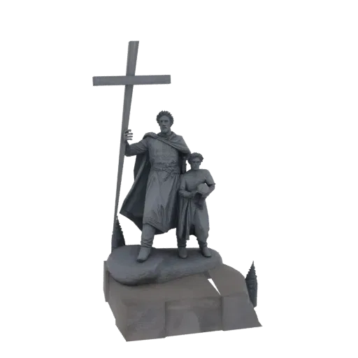 3D model of the Saint Vladimir and Prince Yaroslav Monument, showing a man holding a cross and a boy standing on a rocky base