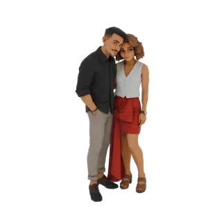 3D model of a romantic couple embracing, the man in a dark shirt and light pants, the woman in a white vest and red skirt.