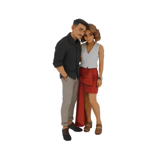 3D model of a romantic couple embracing, the man in a dark shirt and light pants, the woman in a white vest and red skirt.
