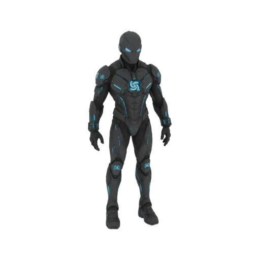 Modèle 3D d'un guerrier cybernétique futuriste en armure sombre avec des accents bleus lumineux et un emblème central sur la