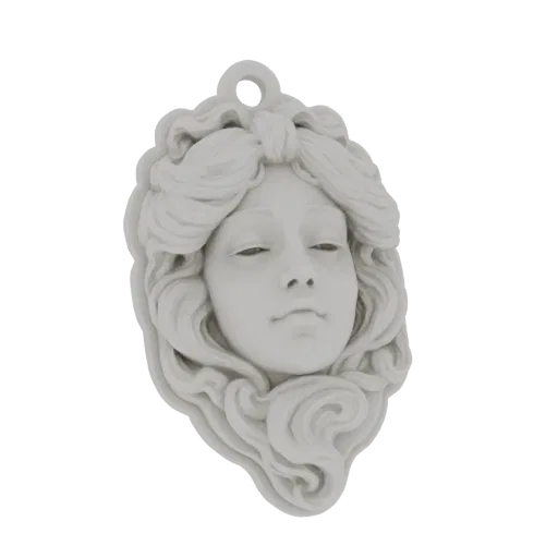 Modelo 3D de un colgante Art Nouveau con rostro de mujer, ojos cerrados y cabello fluido, renderizado en acabado blanco mate.