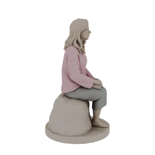 3D-Modell eines jungen Mädchens im pinken Pullover, das auf einem Felsen sitzt und ein Buch liest, von der Seite betrachtet.