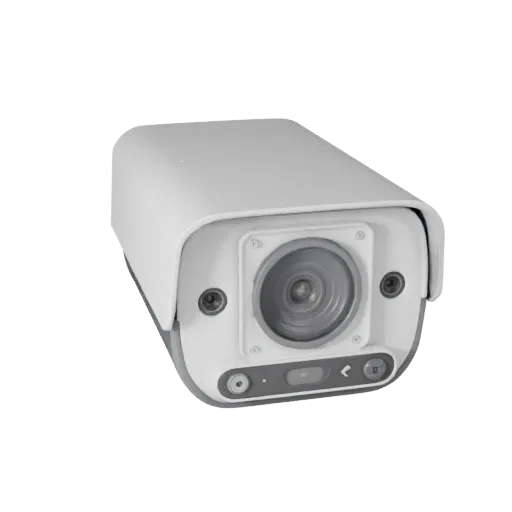 Voice Controlled Security Camera 3D model, three-quarter front view, Unity viewport, showing white plastic, form detail.