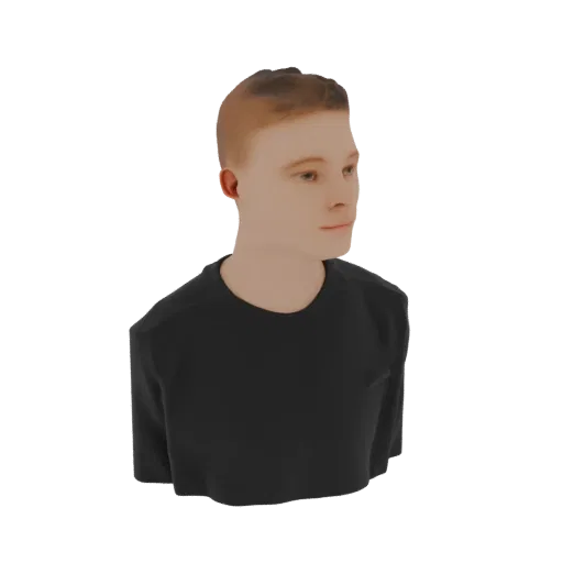 3D model render of a young man's bust with short brown hair, wearing a dark t-shirt, against a black background.
