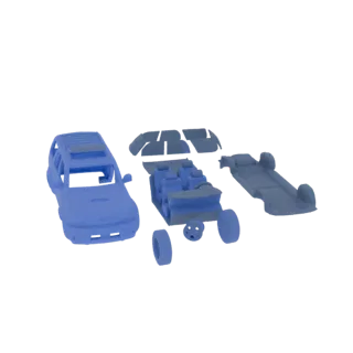 A 3D model of a blue SUV disassembled into its main components: chassis, interior, body panels, and wheels, against a black b