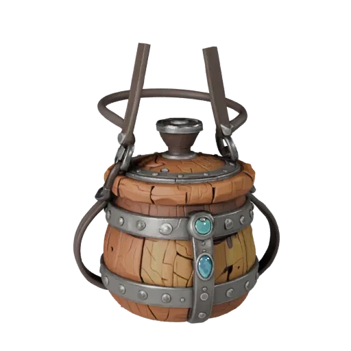 Cursed Coin Pouch Stylized 3D model, stylized isometric render, showing aged wood, clear pickup silhouette.