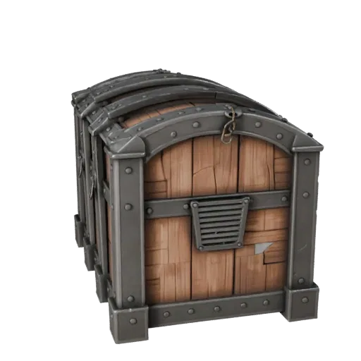 Medieval Supply Box 3D model, three-quarter front view, Unity viewport, showing wood planks, stackable massing.
