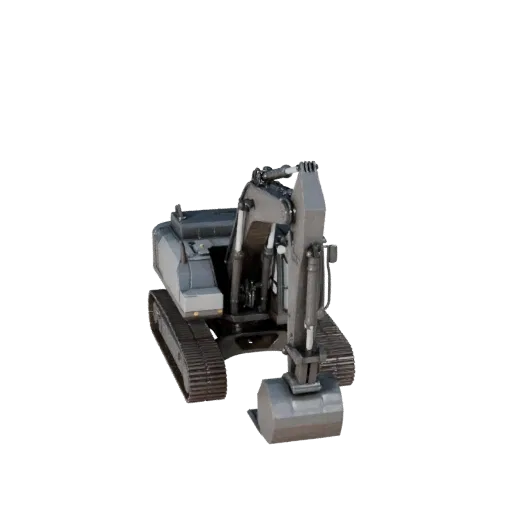 Warehouse Excavator Low Poly 3D model, game viewport three-quarter view, showing painted steel, form detail.