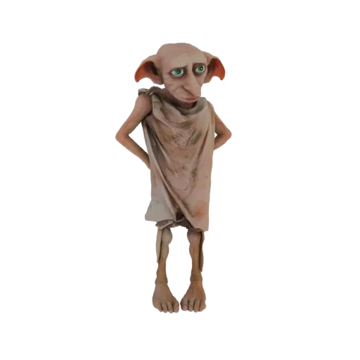 A 3D render of Dobby the house elf from Harry Potter, standing with his hands on his hips and a slightly worried expression.