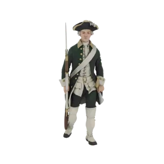 3D model of an 18th-century soldier in a green coat and tricorn hat, holding a musket, against a white background.