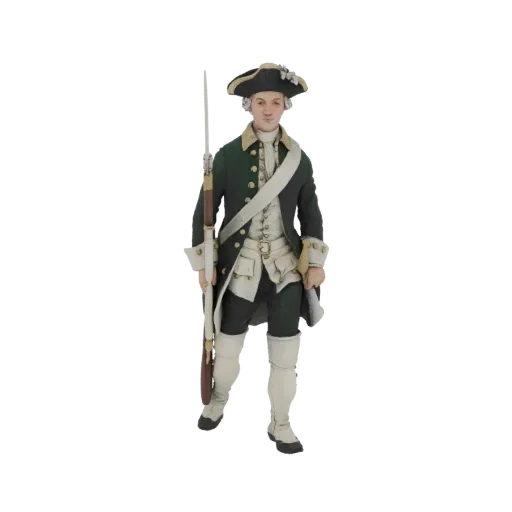 3D model of an 18th-century soldier in a green coat and tricorn hat, holding a musket, against a white background.