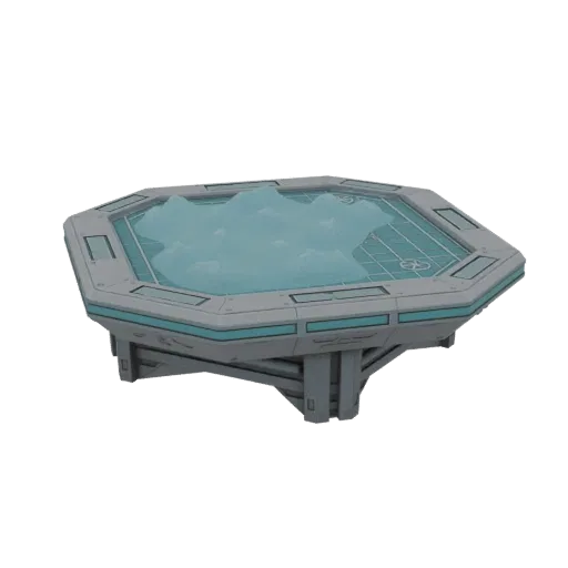 3D-Modell eines futuristischen achteckigen holografischen Geländetisches mit blauem, welligem Wasserdisplay und grauer, eckig