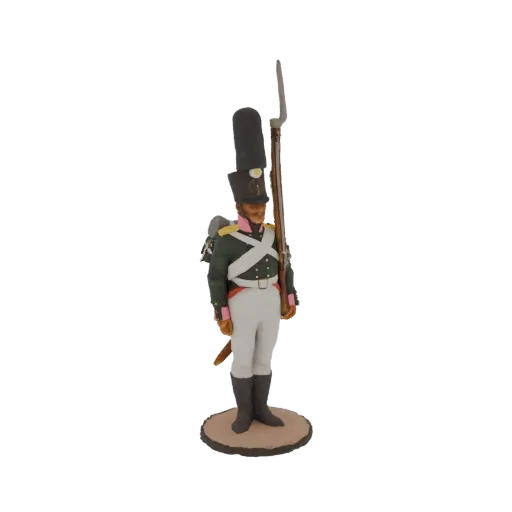 3D model of a Napoleonic era soldier in uniform, holding a musket, standing on a textured base.