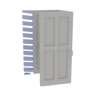Modelo 3D de portas francesas abertas com persianas azuis, exibindo design de porta em painéis e ripas horizontais azuis.