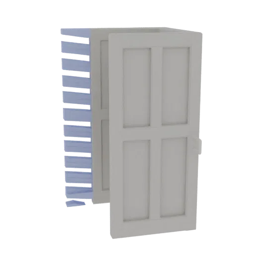 Modelo 3D de portas francesas abertas com persianas azuis, exibindo design de porta em painéis e ripas horizontais azuis.