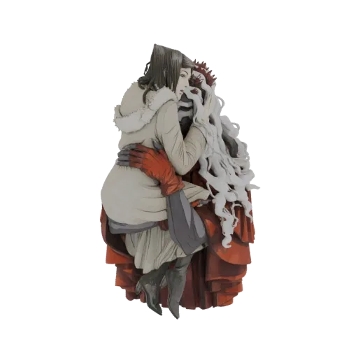 3D model of a couple embracing, dressed in detailed Victorian-inspired clothing, one in a cream coat and red gloves, the othe
