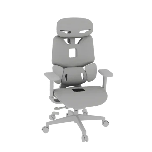 A 3D model of a gray ergonomic office chair with a high back, adjustable headrest, and armrests, set against a white backgrou