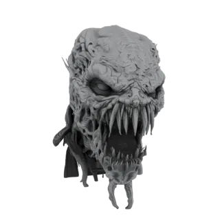 3D model render of a grotesque monstrous head with sharp teeth and hollow eyes, presented on a white background.